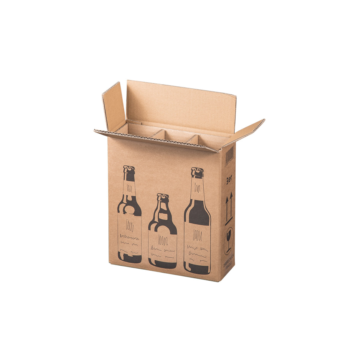 Beispielabbildung: Faltkarton für 3er Bierflaschen, 255 × 88 × 288 mm