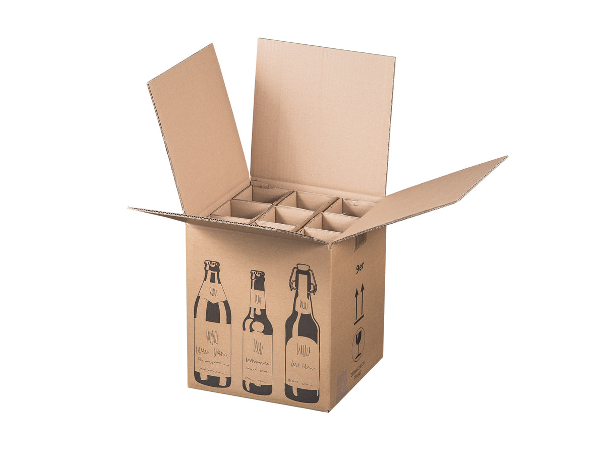 Beispielabbildung: Faltkarton für 9er Bierflaschen, 265 × 255 × 288 mm