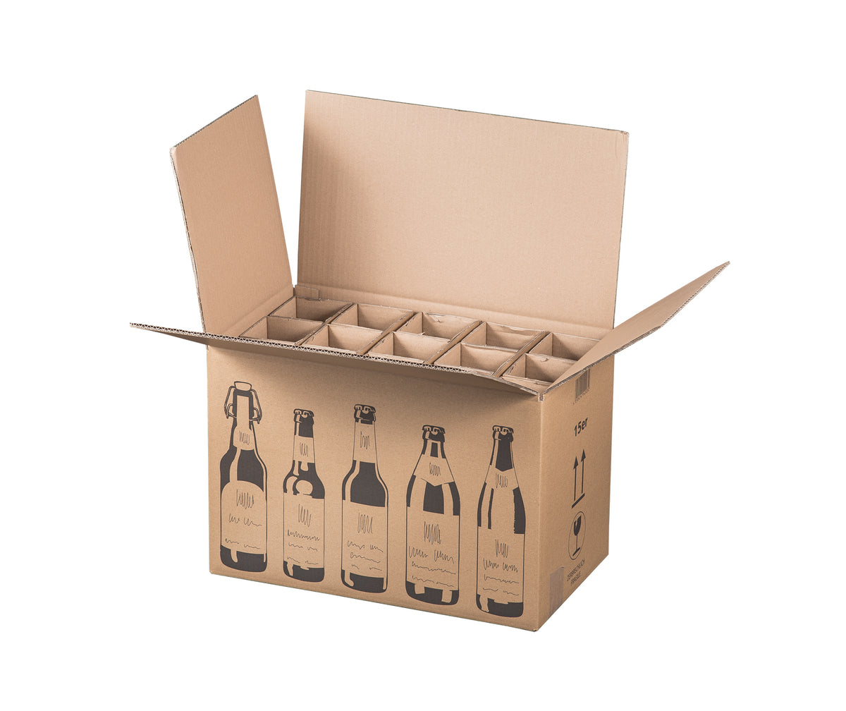 Beispielabbildung: Faltkarton für 15er Bierflaschen, 440 × 255 × 288 mm