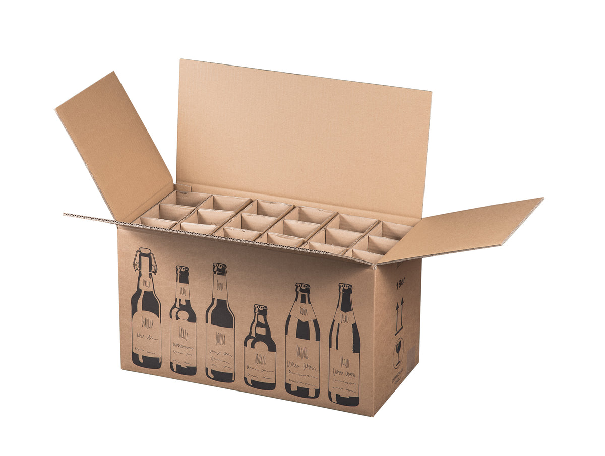 Beispielabbildung: Faltkarton für 18er Bierflaschen, 528 × 255 × 288 mm